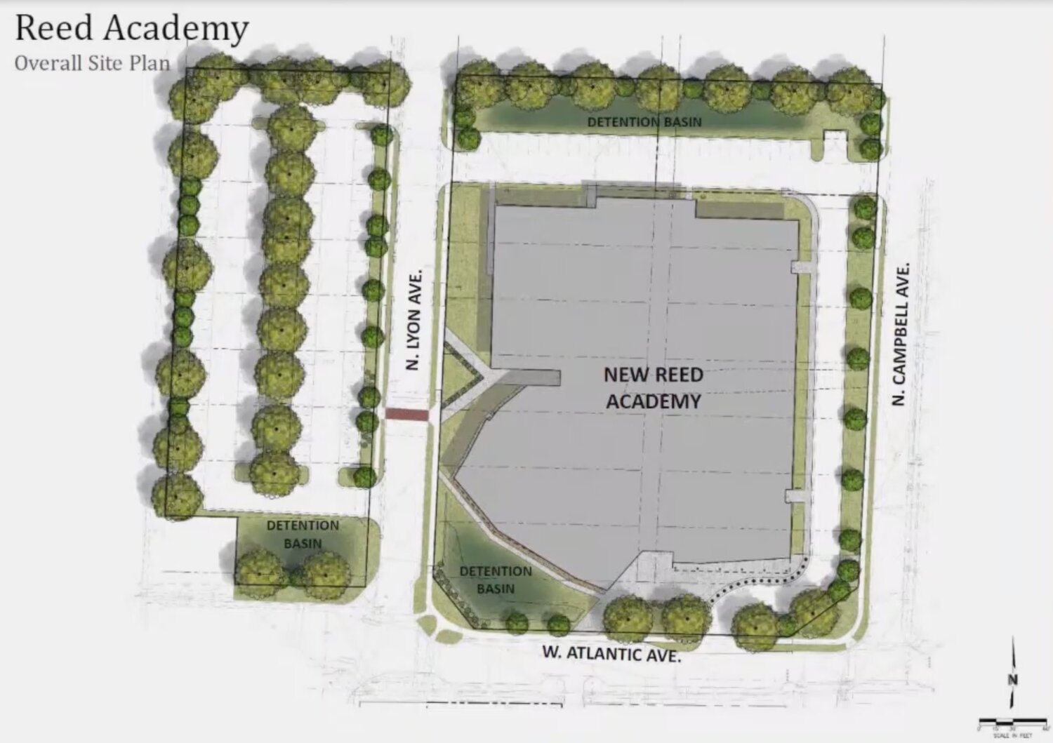 The plan for a new Reed Academy shows a compact site for the 128,900-square-foot middle school.